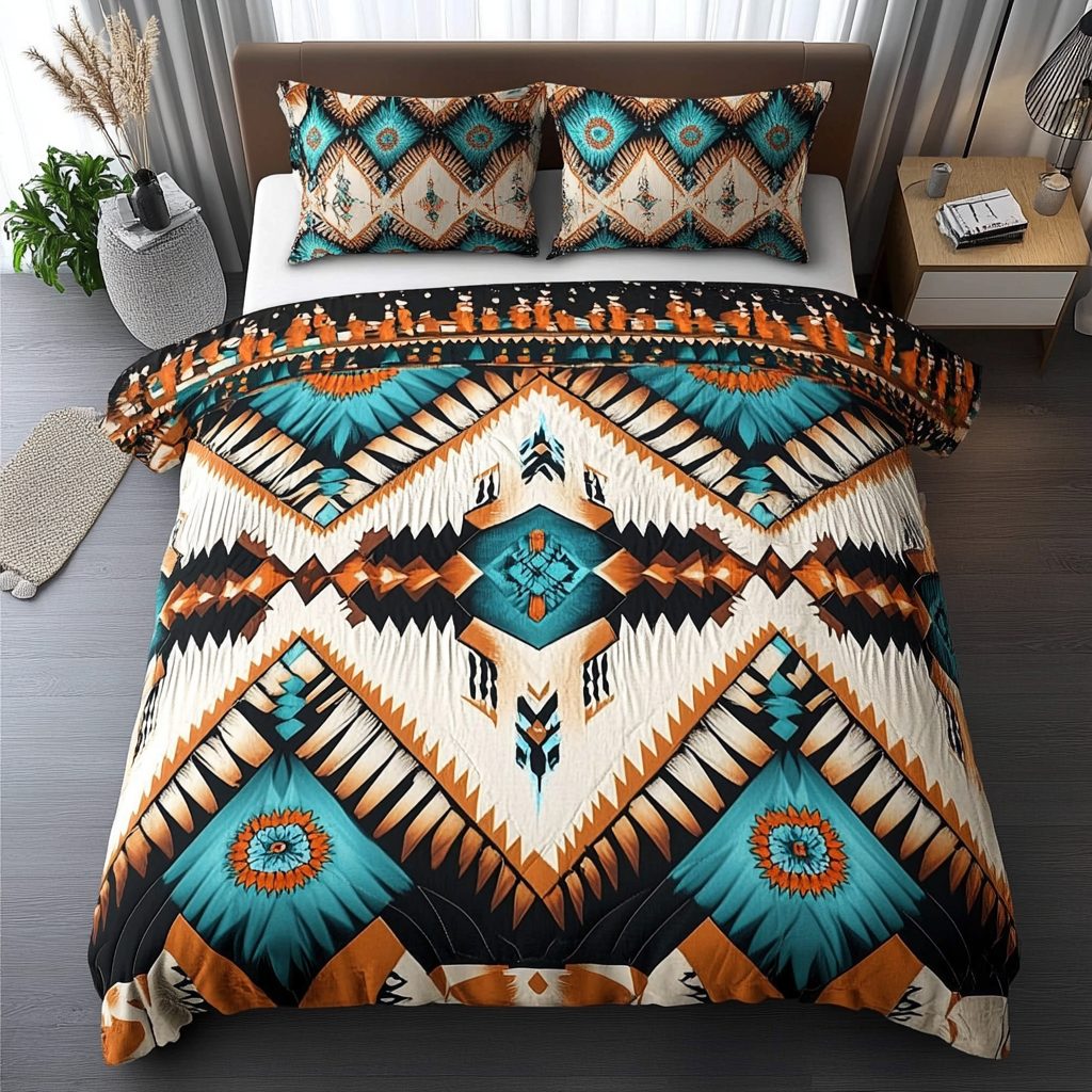 Echoes of Tradition quilted 3-piece bedding set on a made bed with two matching pillow shams