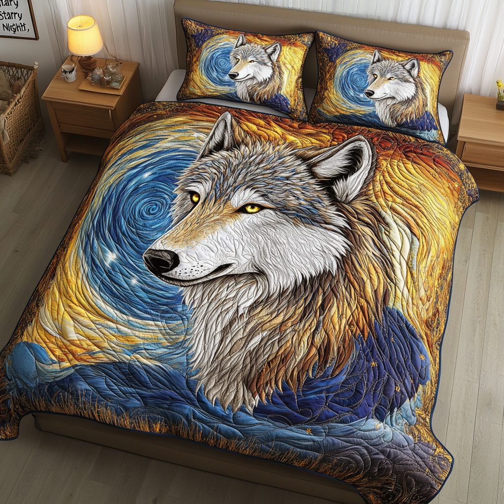 Echoing Moon quilted 3-piece bedding set on a made bed with two matching pillow shams
