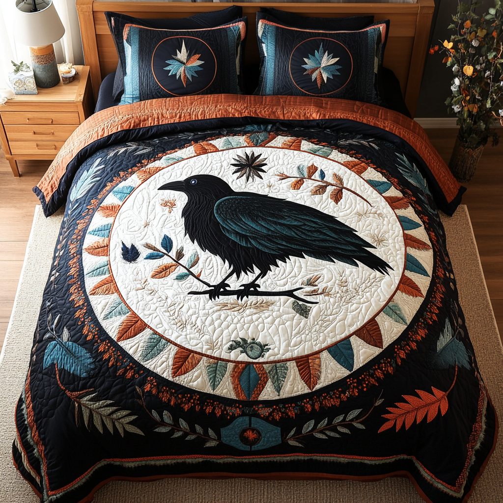 Eclipse Feathers quilted 3-piece bedding set on a made bed with two matching pillow shams