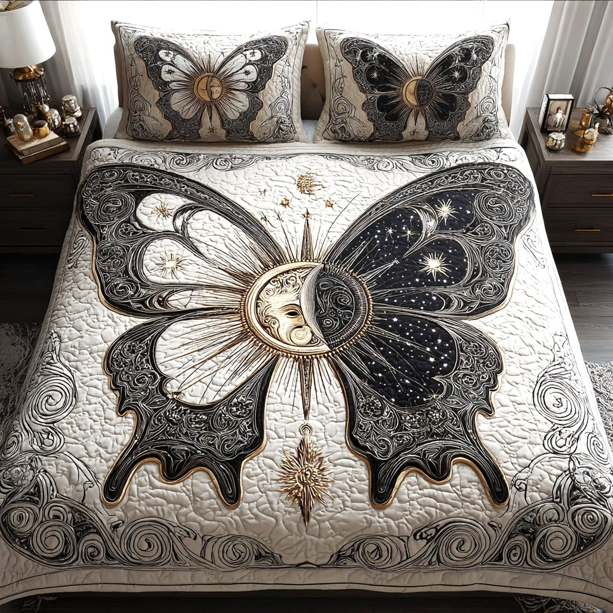 Eclipse Wings quilted 3-piece bedding set on a made bed with two matching pillow shams