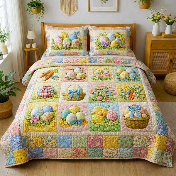 Egg Charm quilted 3-piece bedding set on a made bed with two matching pillow shams