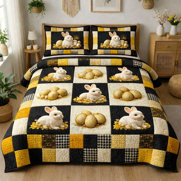 Egg Garden quilted 3-piece bedding set on a made bed with two matching pillow shams