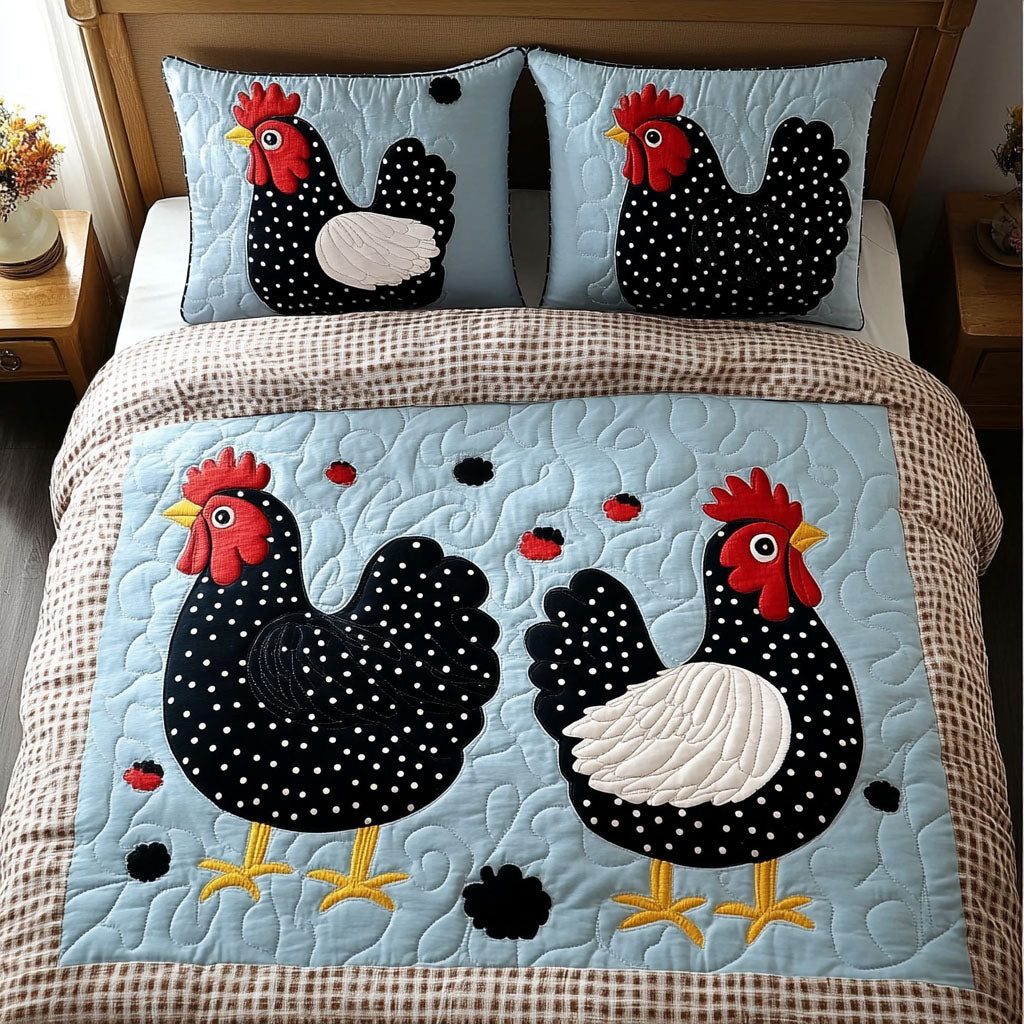 Egg Gatherers quilted 3-piece bedding set on a made bed with two matching pillow shams