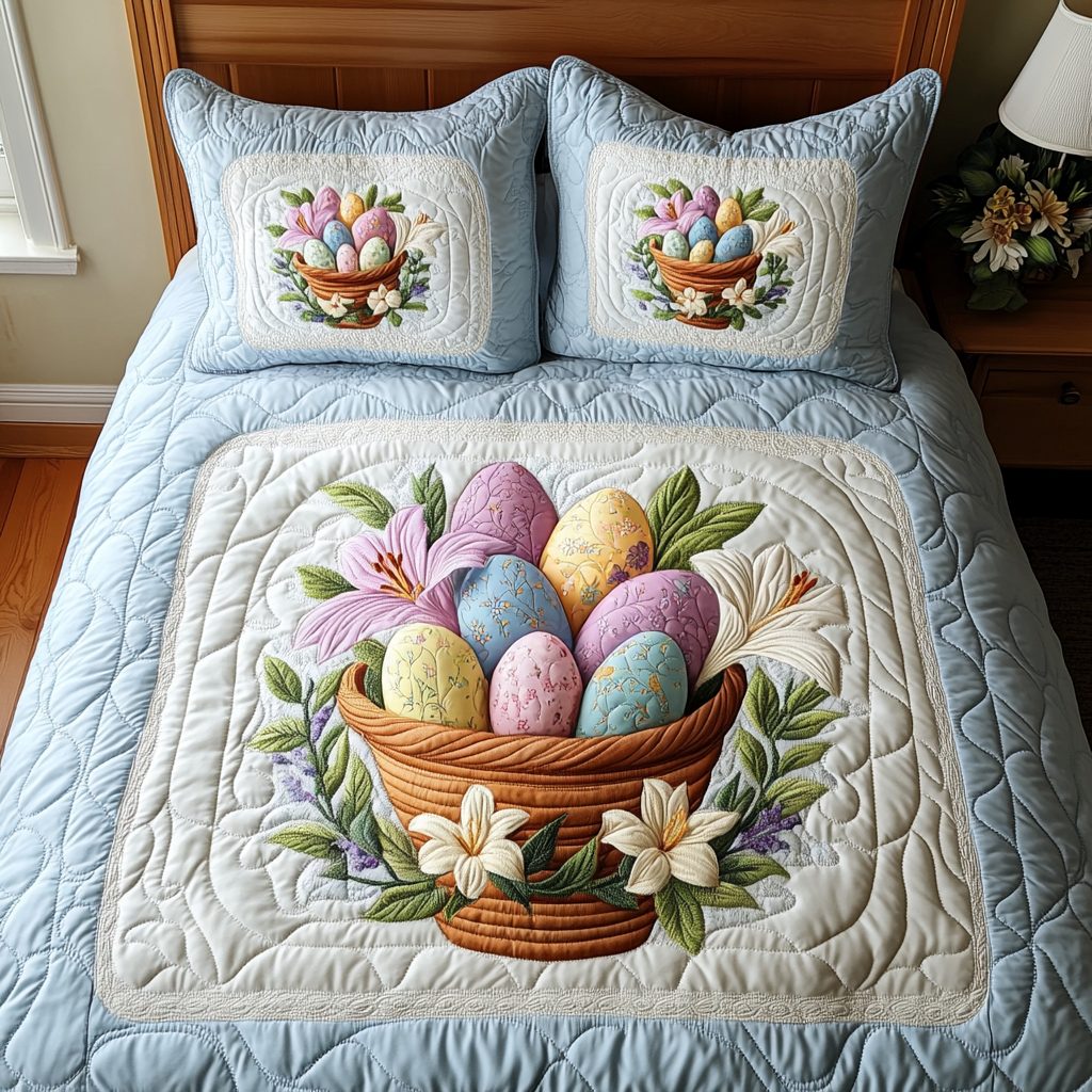 Egg Hunt Joy quilted 3-piece bedding set on a made bed with two matching pillow shams