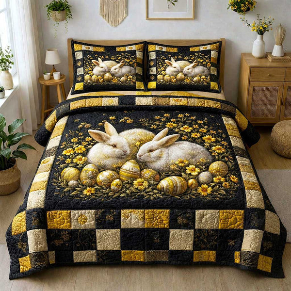 Egg Hunt quilted 3-piece bedding set on a made bed with two matching pillow shams