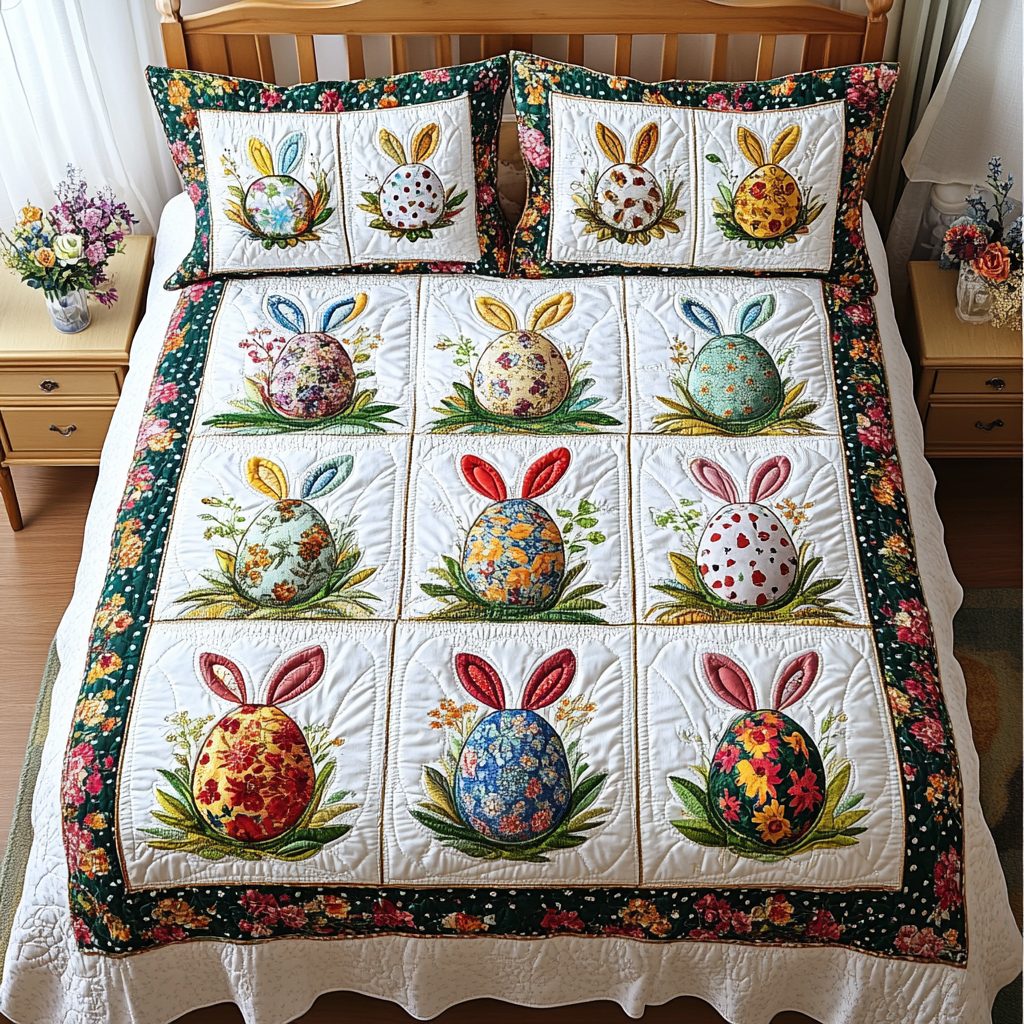 Eggstra Magic quilted 3-piece bedding set on a made bed with two matching pillow shams