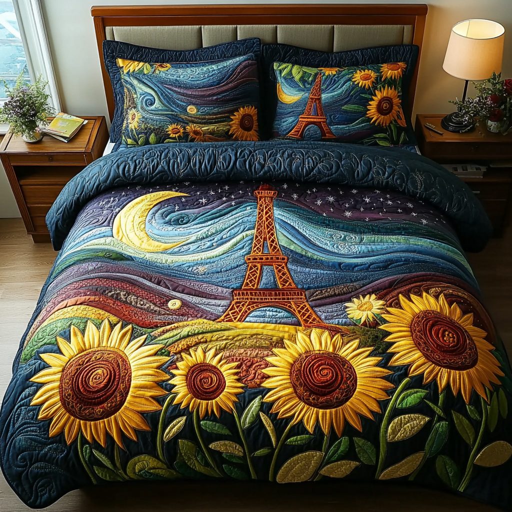 Eiffel Dream quilted 3-piece bedding set on a made bed with two matching pillow shams