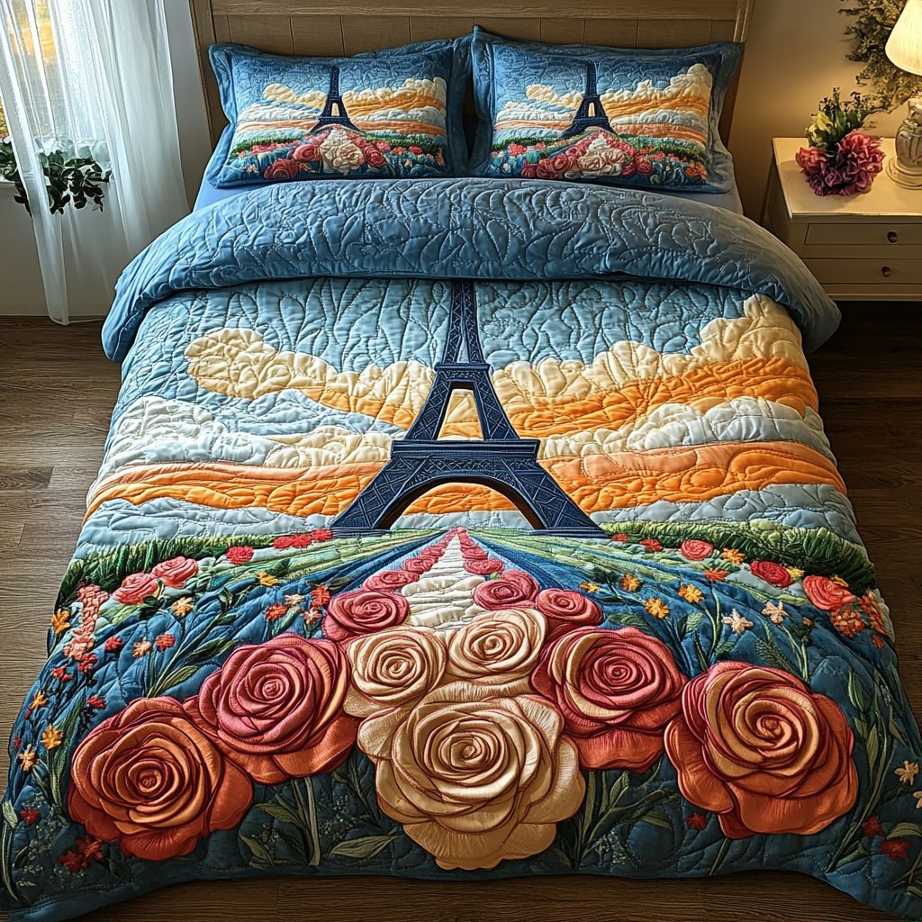 Eiffel Views quilted 3-piece bedding set on a made bed with two matching pillow shams