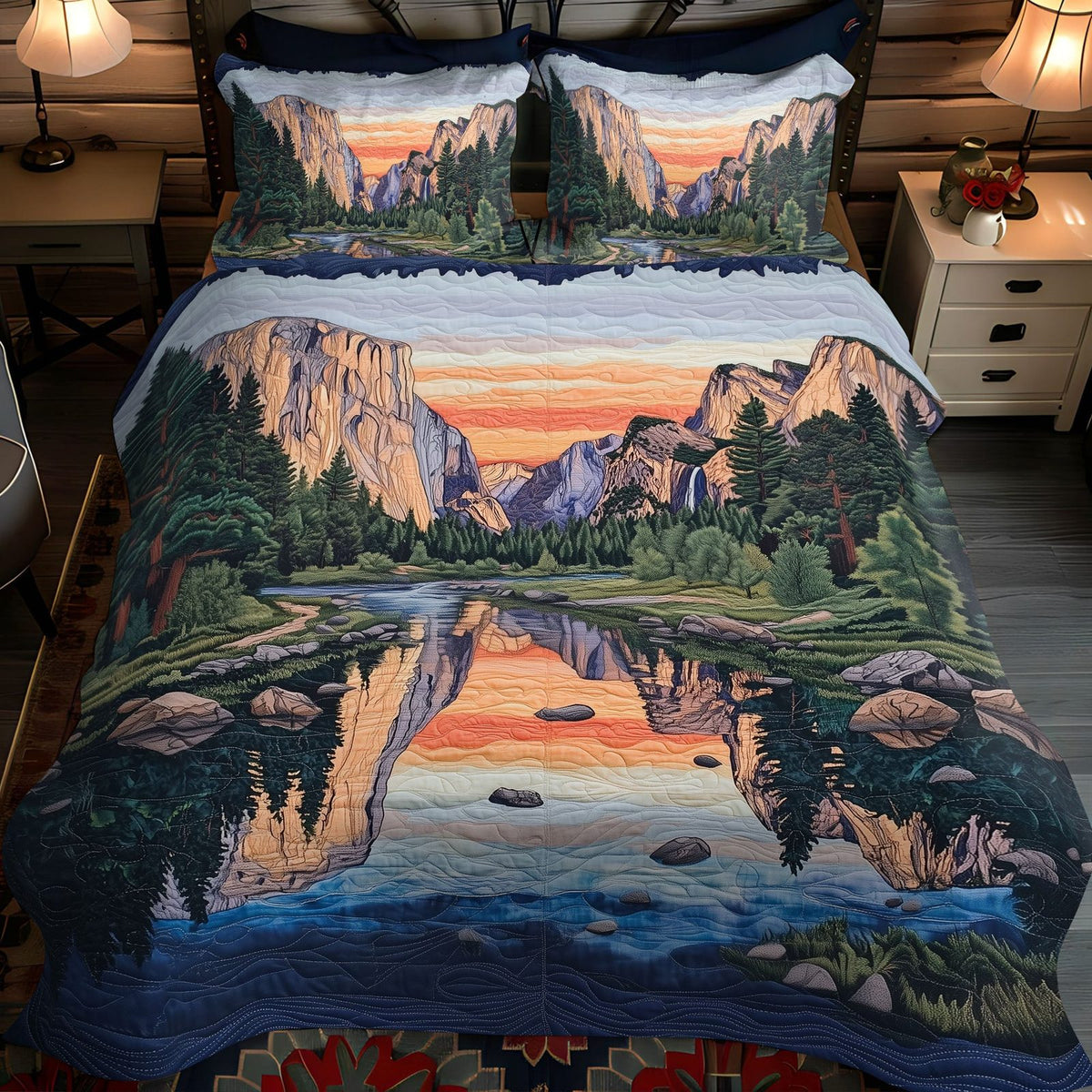 El Capitan Exploration quilted 3-piece bedding set on a made bed with two matching pillow shams
