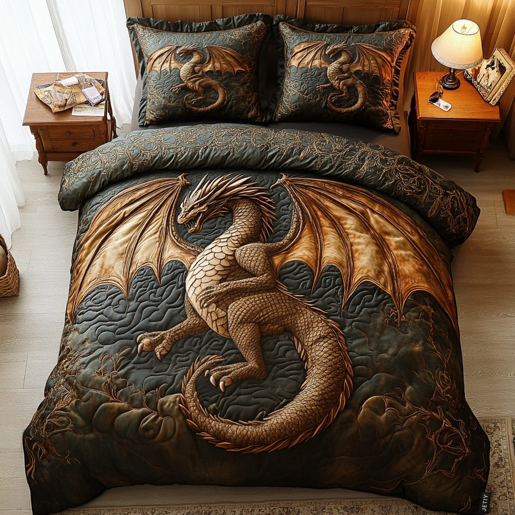 Eldritch Ember quilted 3-piece bedding set on a made bed with two matching pillow shams