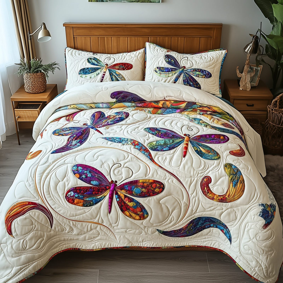Elegance Dragonfly quilted 3-piece bedding set on a made bed with two matching pillow shams
