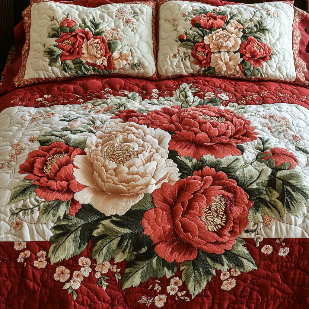 Elegant Bloom quilted 3-piece bedding set on a made bed with two matching pillow shams
