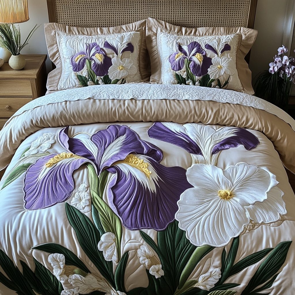 Elegant Bloom quilted 3-piece bedding set on a made bed with two matching pillow shams