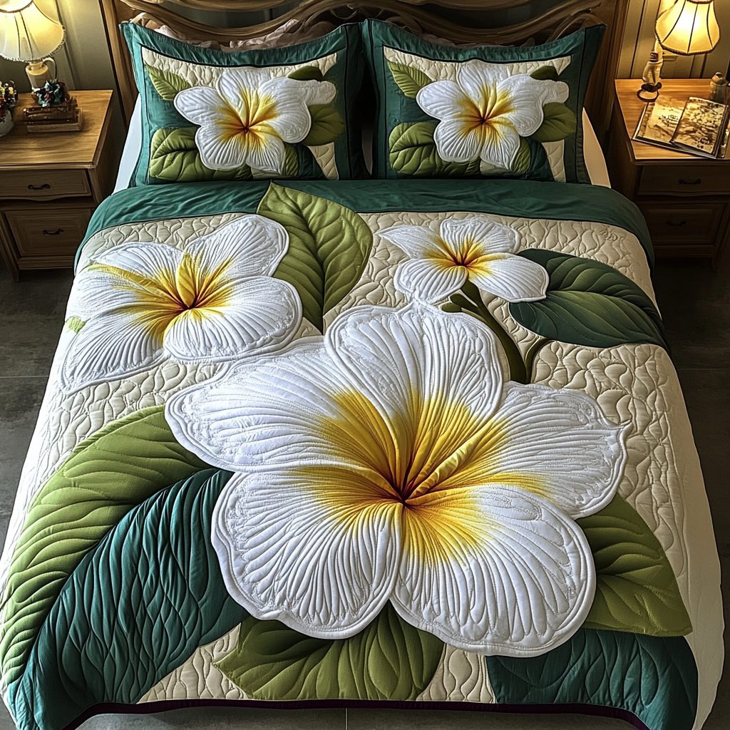 Elegant Bloom quilted 3-piece bedding set on a made bed with two matching pillow shams