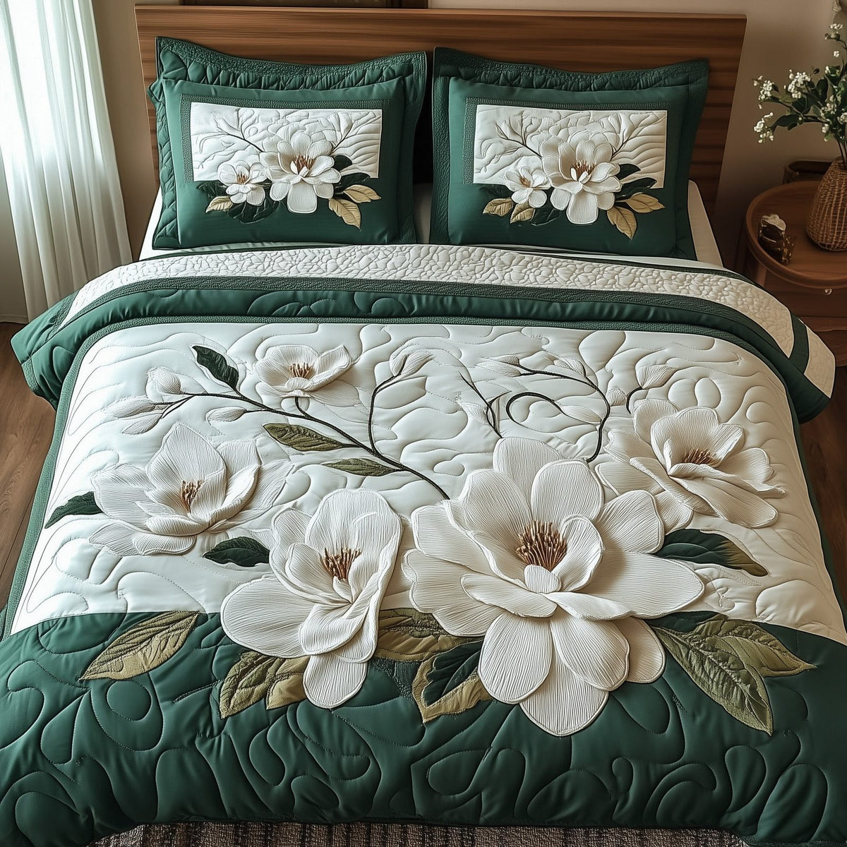 Elegant Blooming Magnolia quilted 3-piece bedding set on a made bed with two matching pillow shams