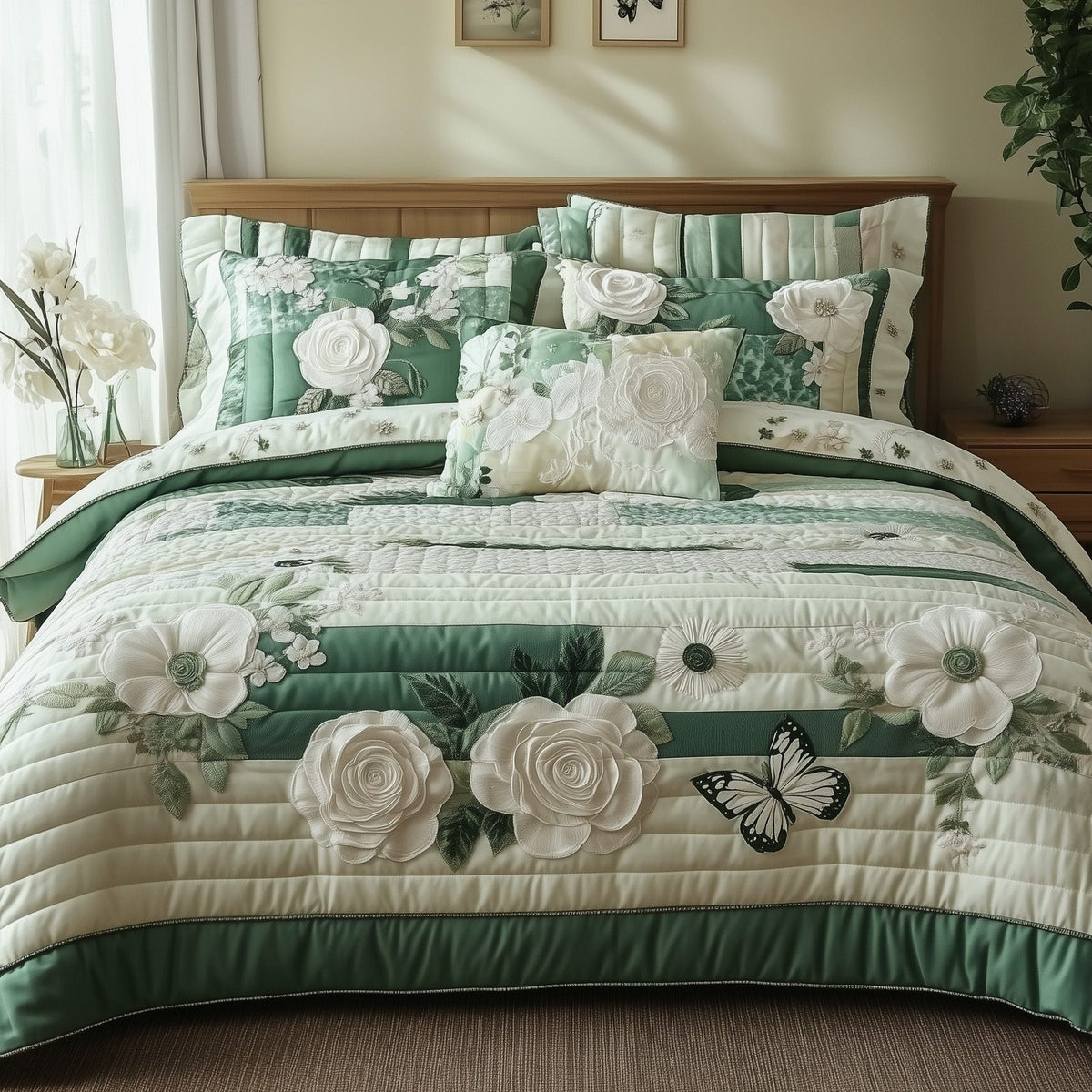 Elegant Blooming Spring quilted 3-piece bedding set on a made bed with two matching pillow shams