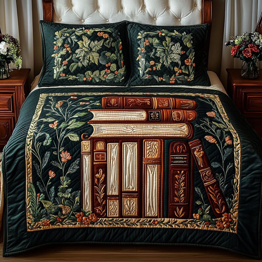 Elegant Book Stack quilted 3-piece bedding set on a made bed with two matching pillow shams
