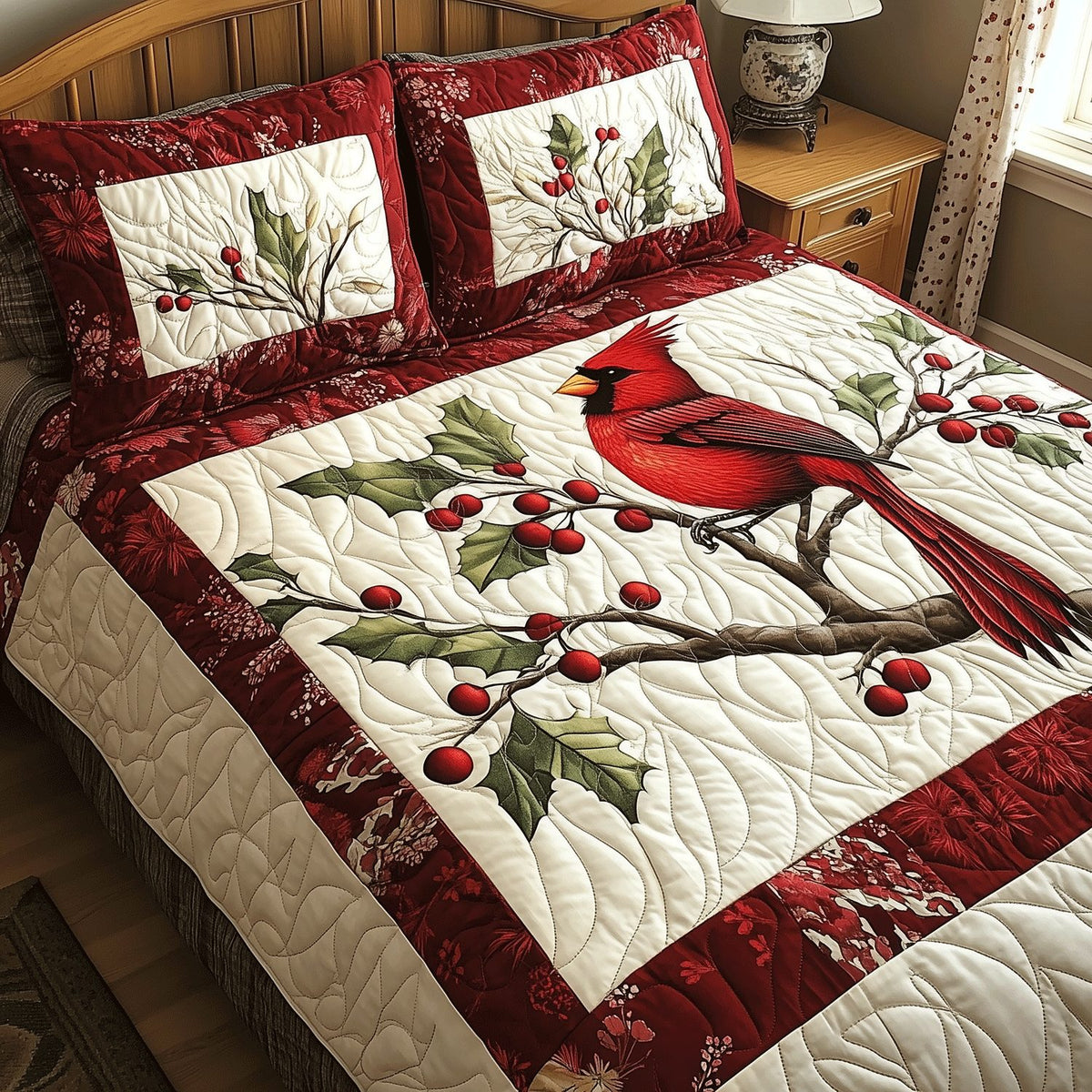 Elegant Cardinal quilted 3-piece bedding set on a made bed with two matching pillow shams