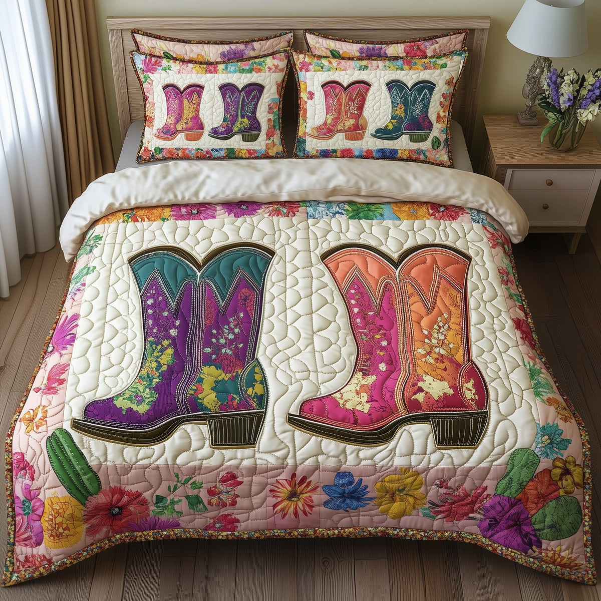 Elegant Cowboy Boot quilted 3-piece bedding set on a made bed in a rustic timber bedroom