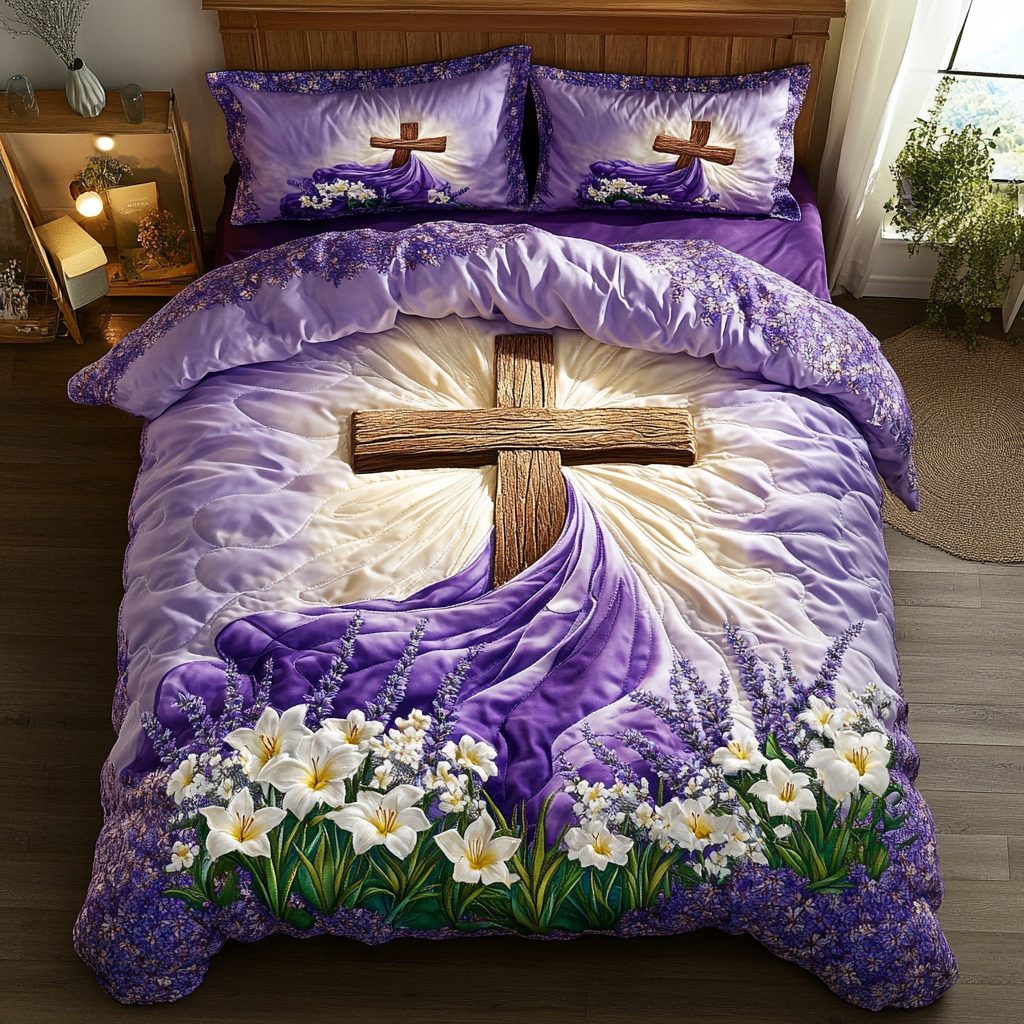 Elegant Cross quilted 3-piece bedding set on a made bed in a softly lit bedroom