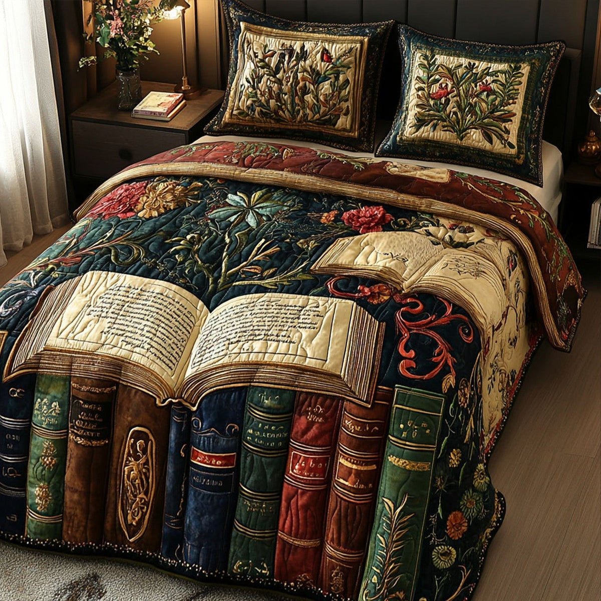 Elegant Epilogues quilted 3-piece bedding set on a made bed with two matching pillow shams