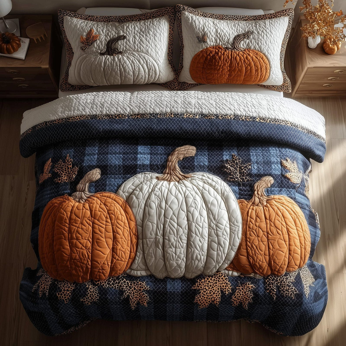 Elegant Fall quilted 3-piece bedding set on a made bed with two matching pillow shams