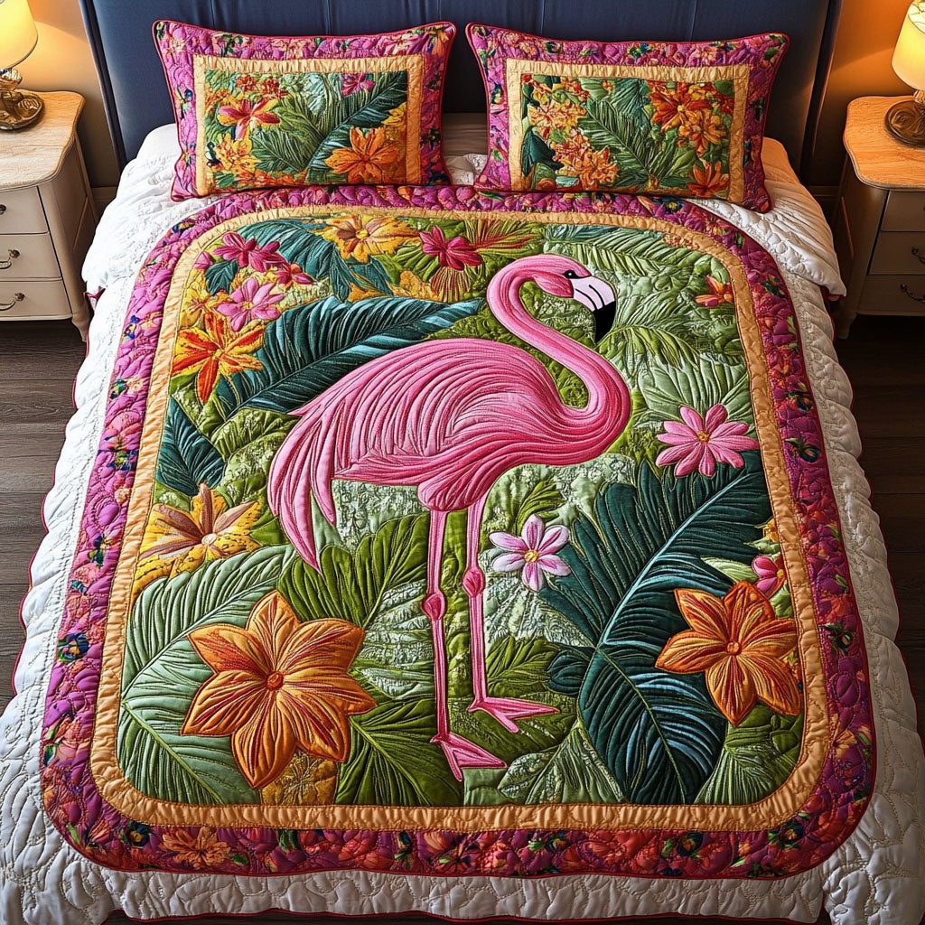 Elegant Flock quilted 3-piece bedding set on a made bed with two matching pillow shams