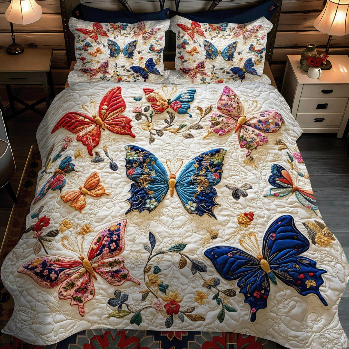 Elegant Flutter Haven quilted 3-piece bedding set on a made bed with two matching pillow shams