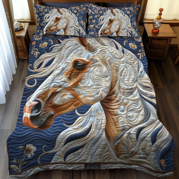 Elegant Horse quilted 3-piece bedding set on a made bed in a rustic timber bedroom