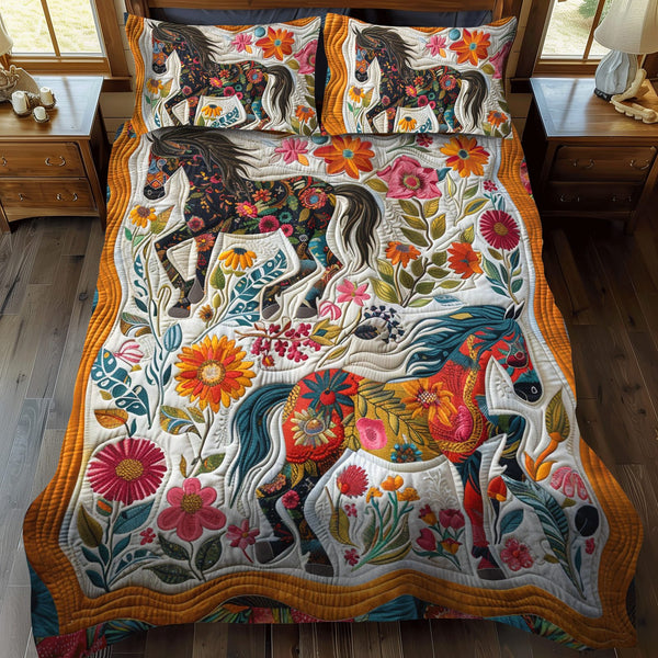 Elegant Horse Running quilted 3-piece bedding set on a made bed in a rustic timber bedroom