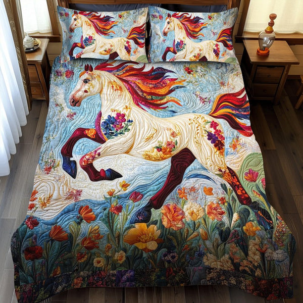 Elegant Horse Running quilted 3-piece bedding set on a made bed in a rustic timber bedroom