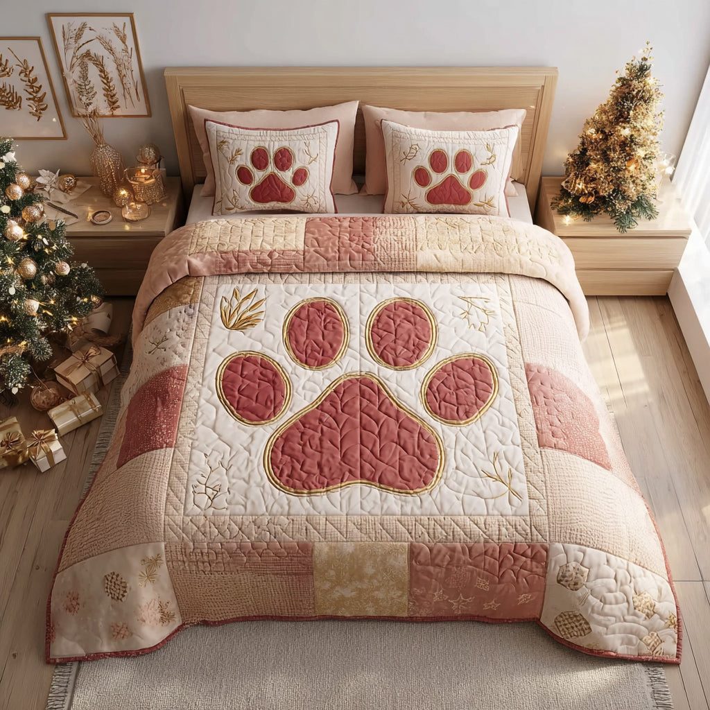 Elegant Paw quilted 3-piece bedding set on a made bed with two matching pillow shams
