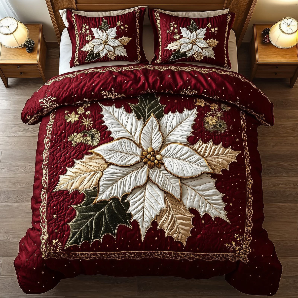 Elegant Poinsettias quilted 3-piece bedding set on a made bed in a winter-styled bedroom