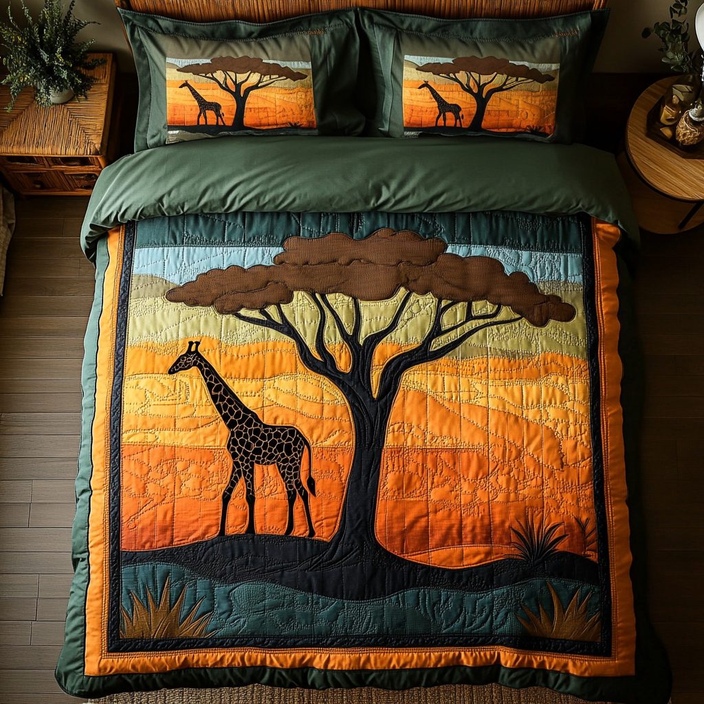 Elegant Stride quilted 3-piece bedding set on a made bed with two matching pillow shams