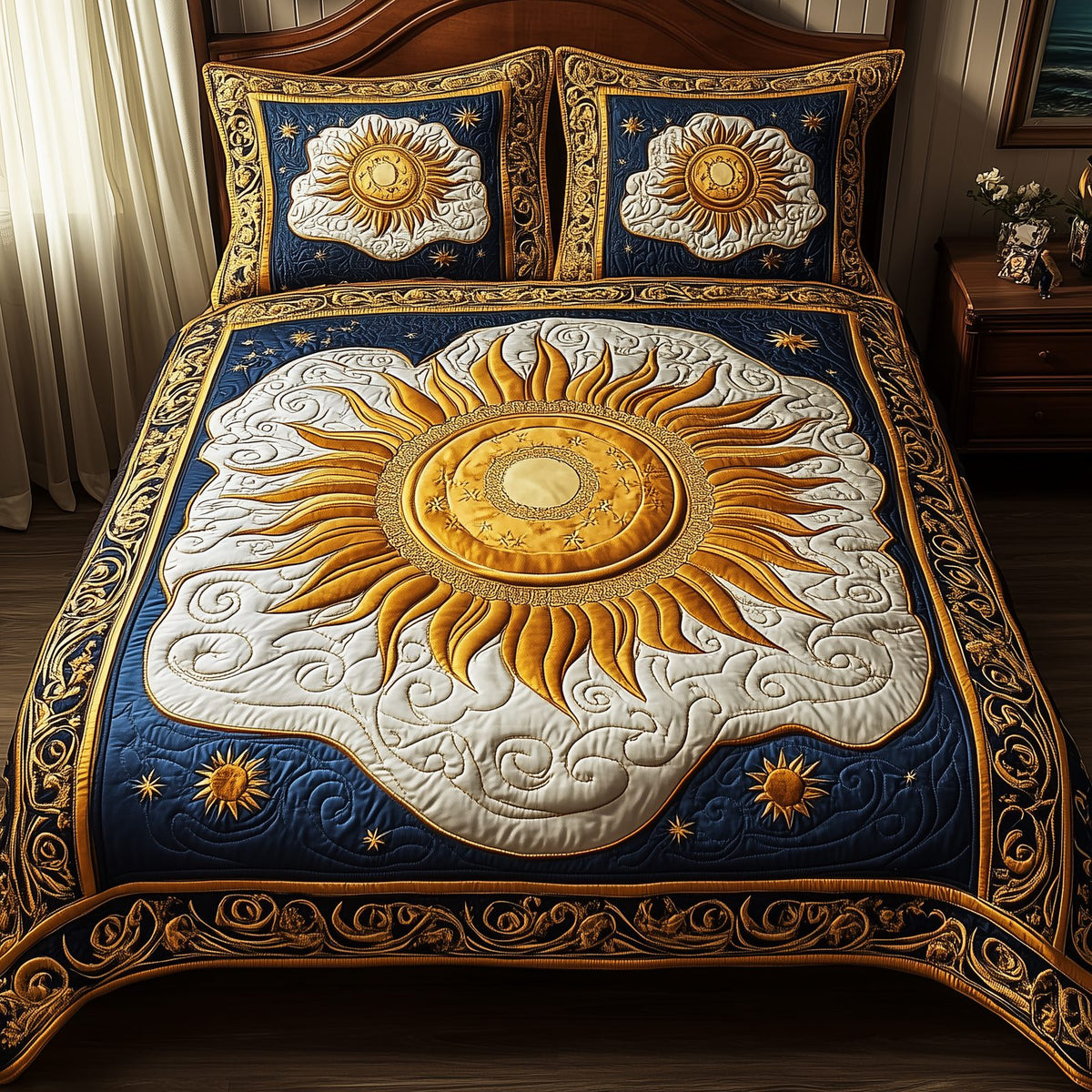 Elegant Sunshine quilted 3-piece bedding set on a made bed with two matching pillow shams