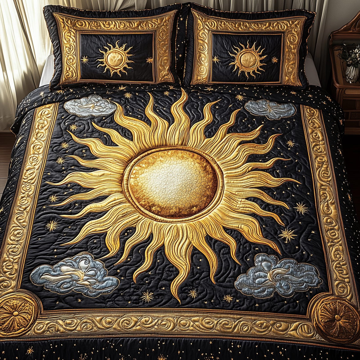 Elegant Sunshine quilted 3-piece bedding set on a made bed with two matching pillow shams