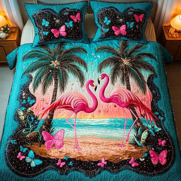 Elegant Wader quilted 3-piece bedding set on a made bed with two matching pillow shams