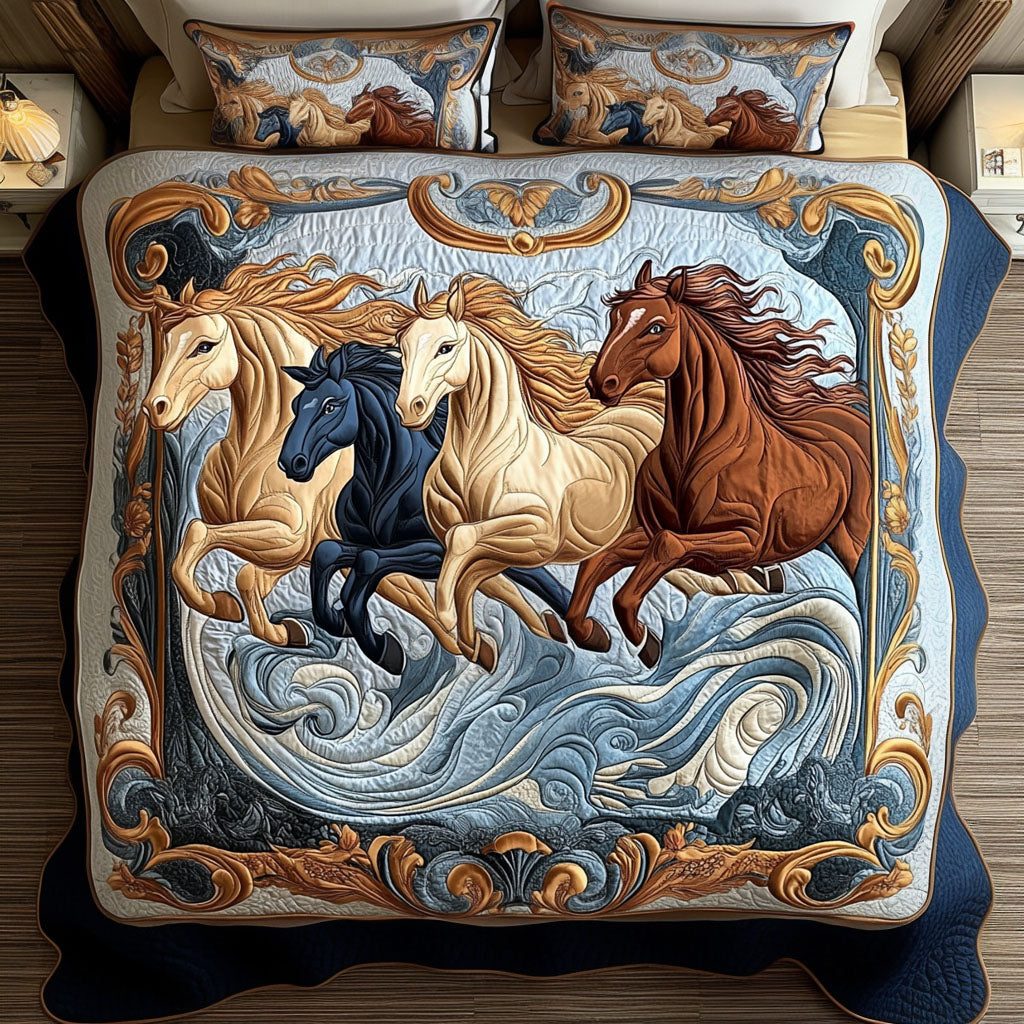 Elemental Quartet quilted 3-piece bedding set on a made bed with two matching pillow shams