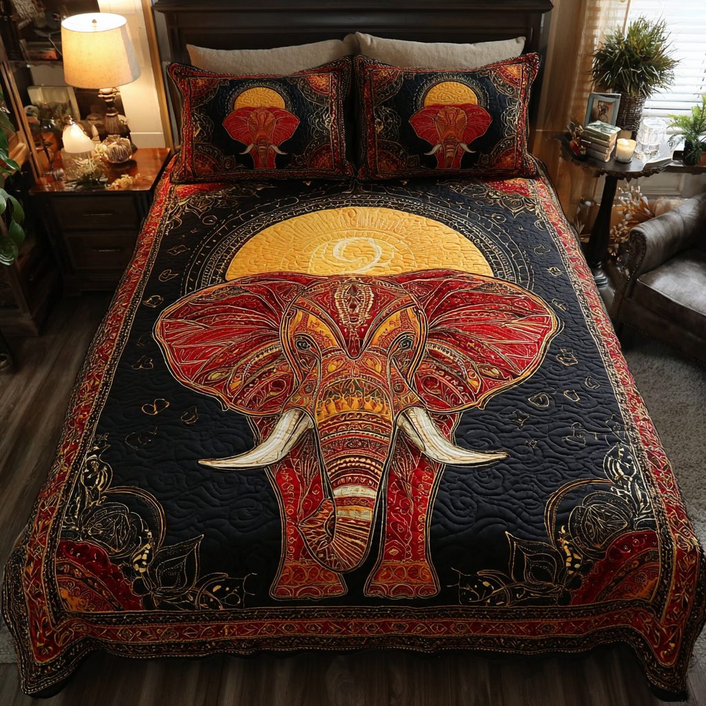 Elephant Art quilted 3-piece bedding set on a made bed with two matching pillow shams
