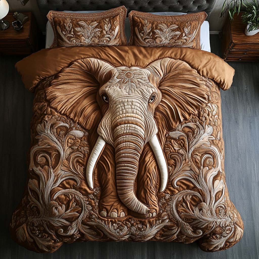 Elephant Family quilted 3-piece bedding set on a made bed with two matching pillow shams
