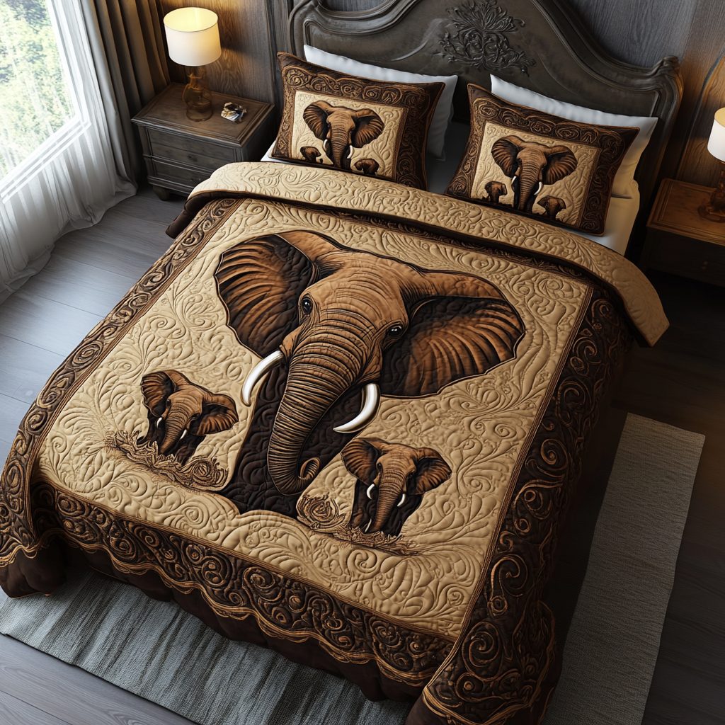 Elephant Forest quilted 3-piece bedding set on a made bed with two matching pillow shams