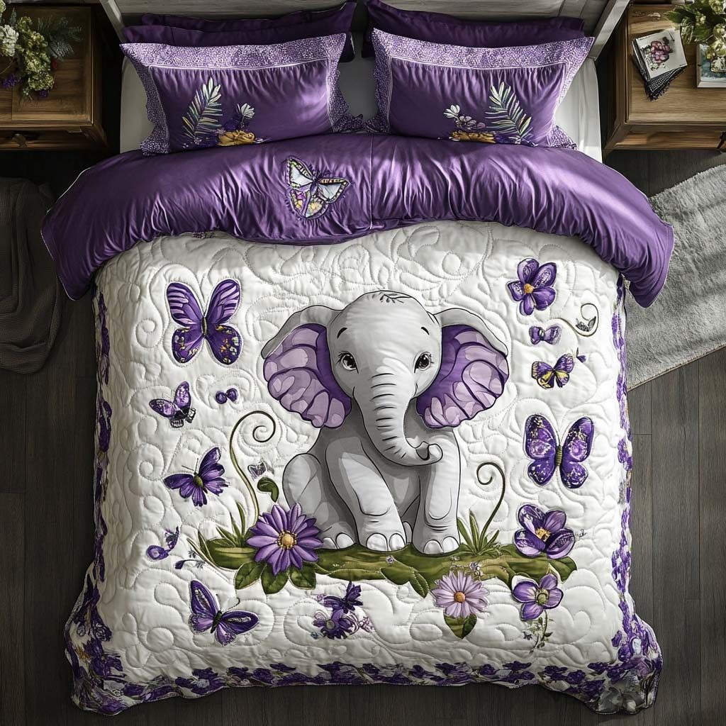 Elephant Forest Stroll quilted 3-piece bedding set on a made bed with two matching pillow shams