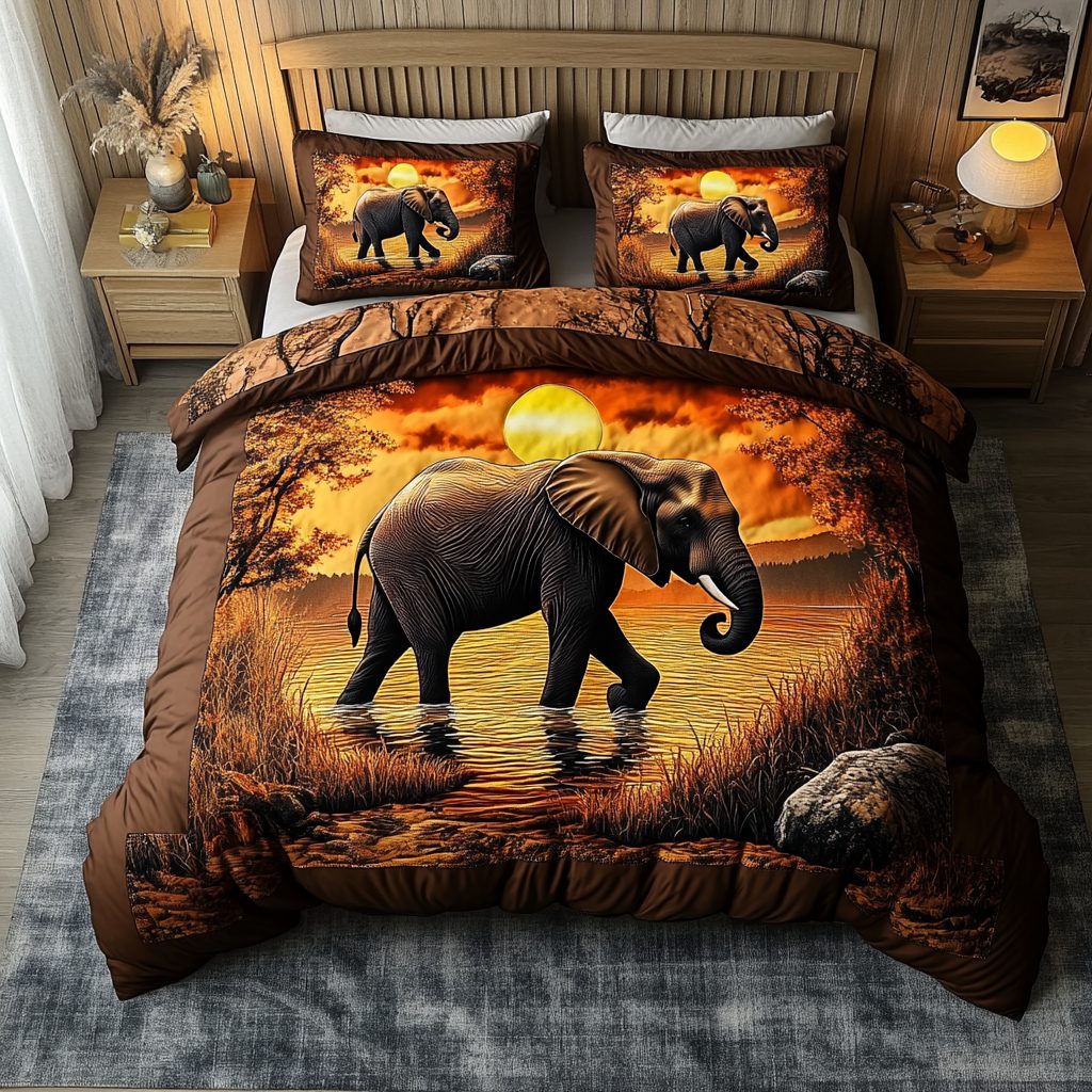 Elephant Grace quilted 3-piece bedding set on a made bed with two matching pillow shams
