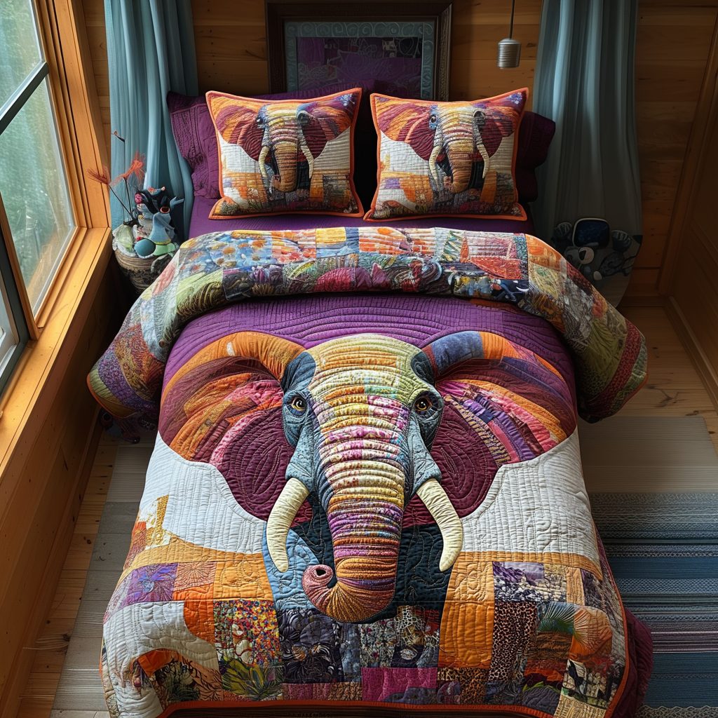 Elephant Harmony quilted 3-piece bedding set on a made bed with two matching pillow shams