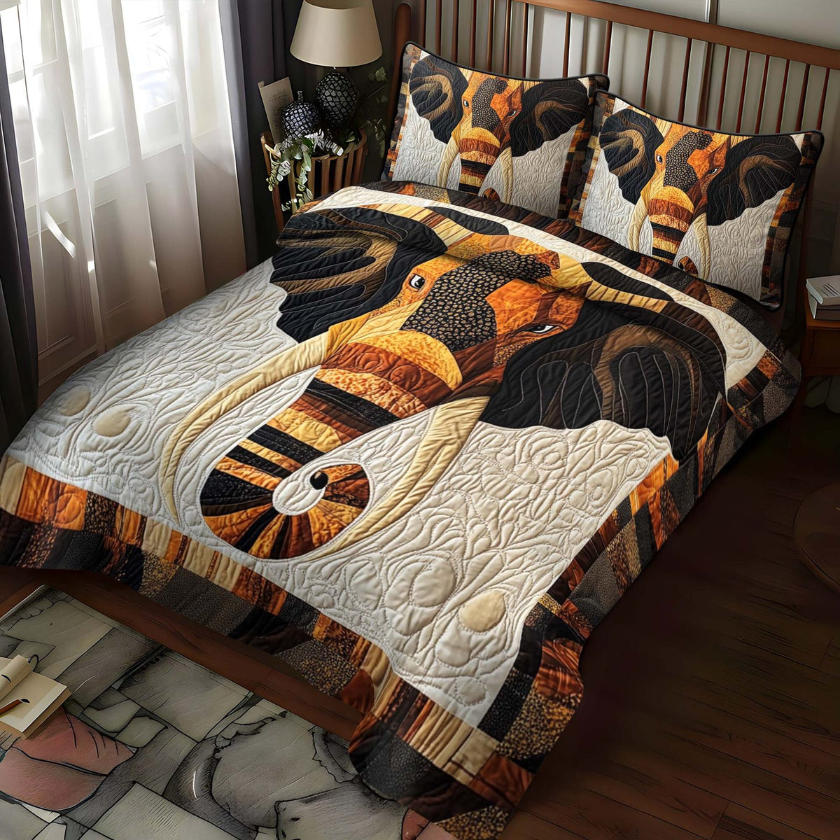 Elephant Harmony quilted 3-piece bedding set on a made bed with two matching pillow shams