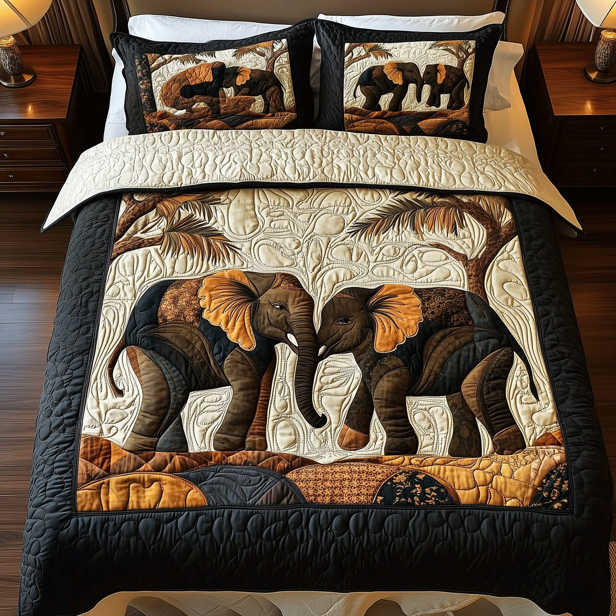 Elephant Harmony quilted 3-piece bedding set on a made bed with two matching pillow shams