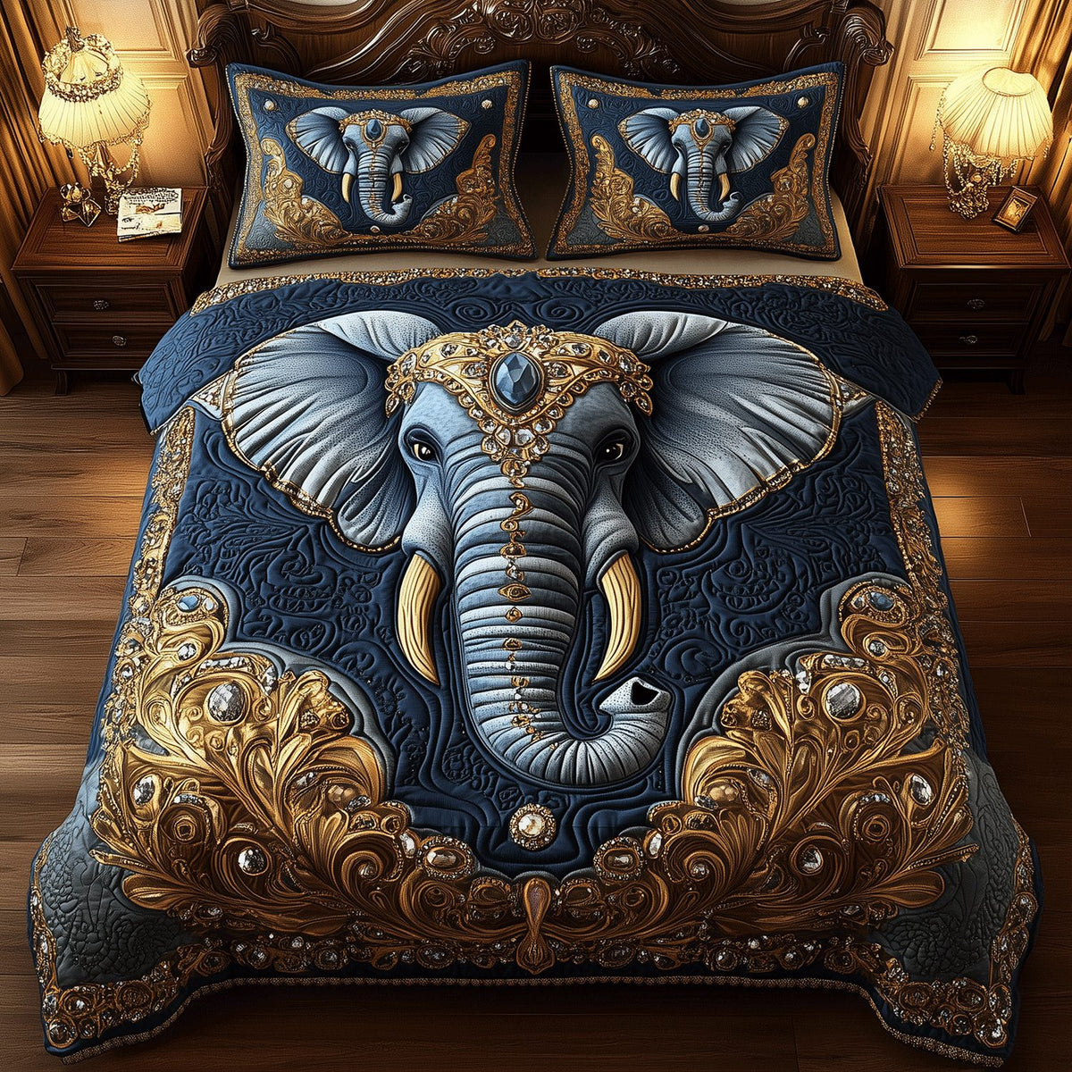Elephant Heritage quilted 3-piece bedding set on a made bed in a farmhouse bedroom