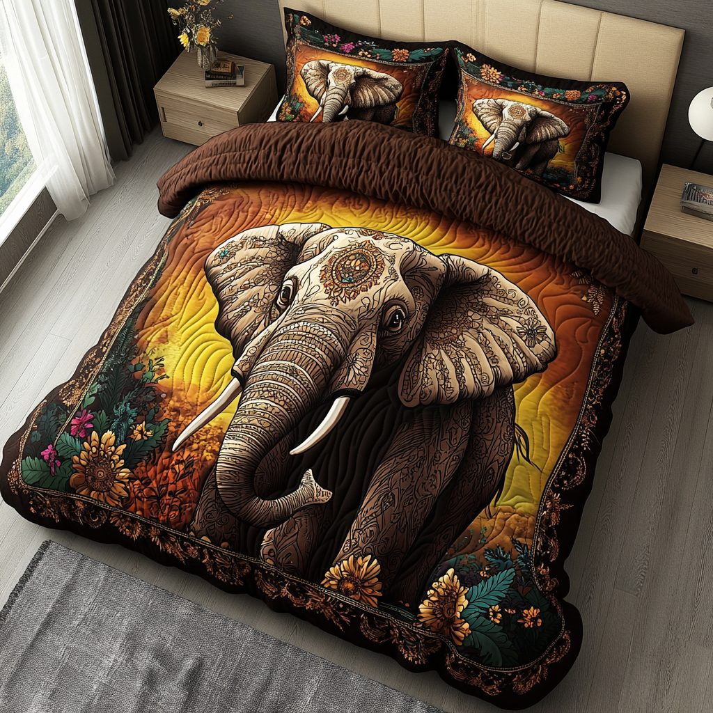 Elephant Journey quilted 3-piece bedding set on a made bed with two matching pillow shams