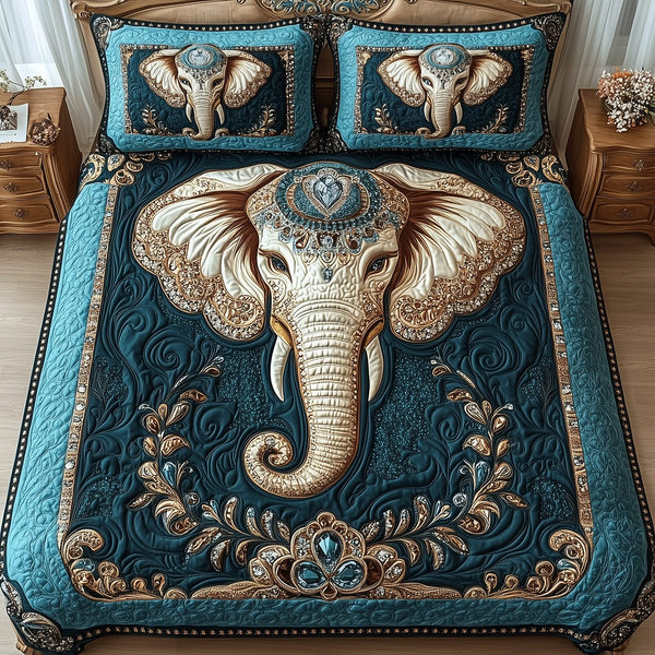 Elephant King Haven quilted 3-piece bedding set on a made bed with two matching pillow shams