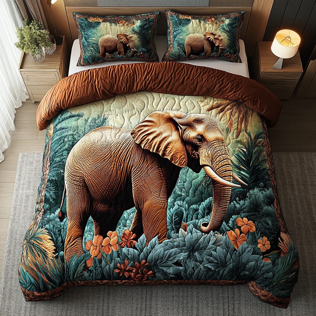 Elephant Legacy quilted 3-piece bedding set on a made bed with two matching pillow shams